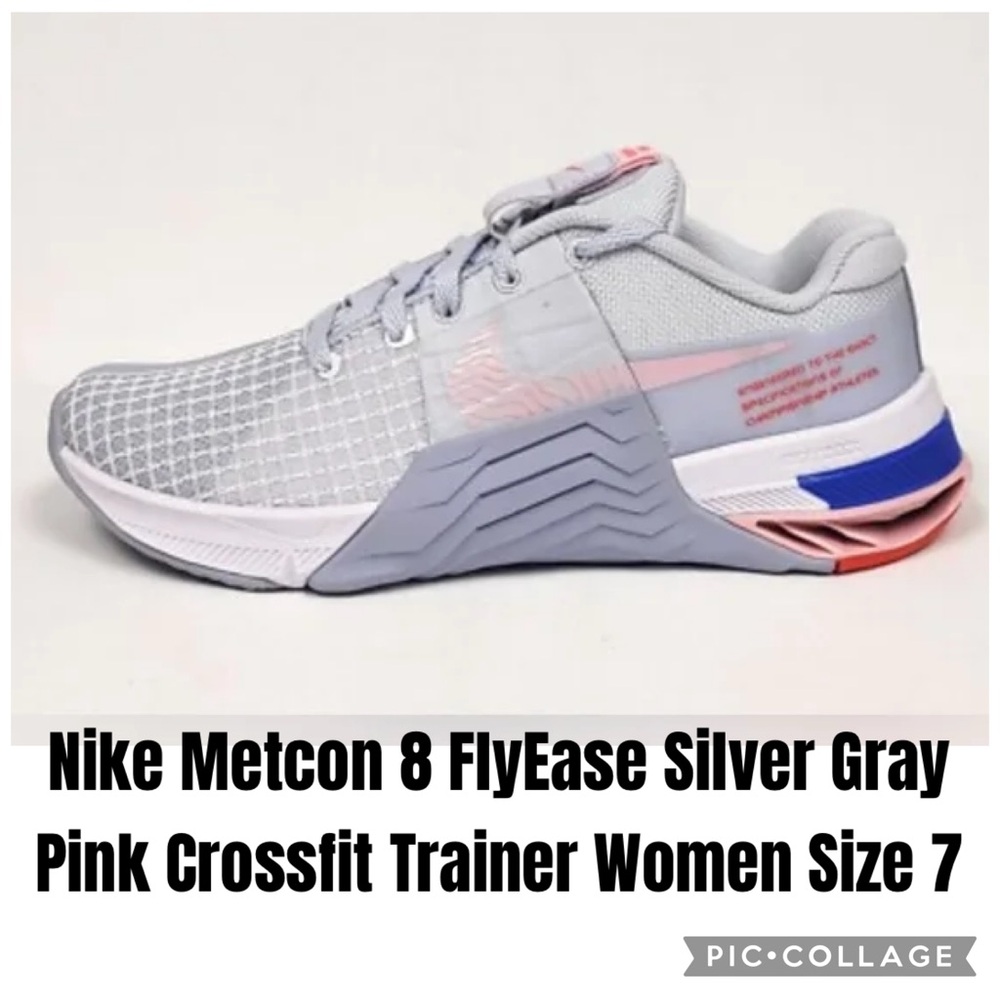 Nike Metcon 8 FlyEase Silver Gray Pink Crossfit Trainer Women Size 7